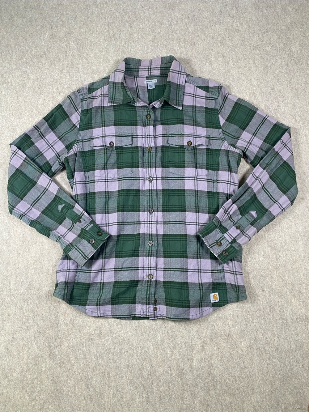 Carhartt Women’s Plaid Flannel Shirt M Green Purple Workwear Button Down